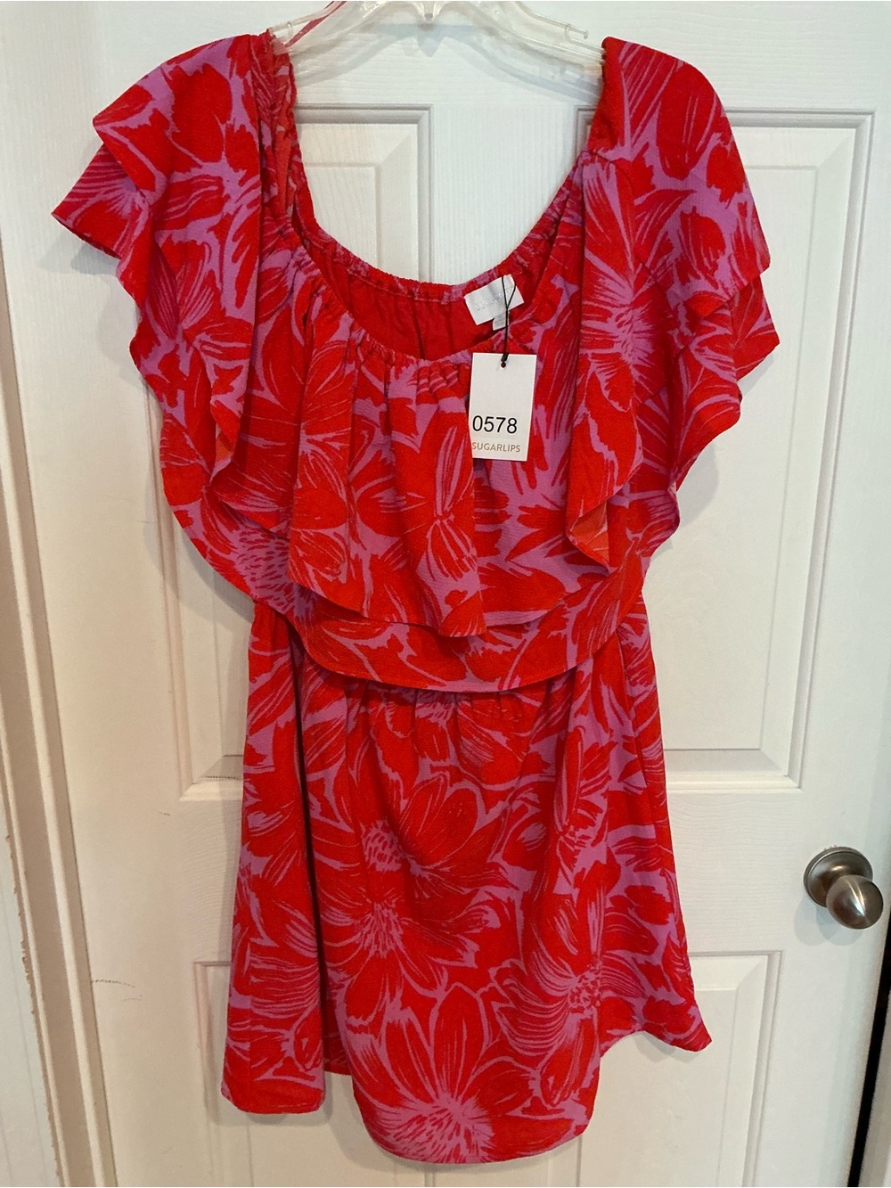 Sugarlips Red with Lavender Floral Ruffle Mini Dress